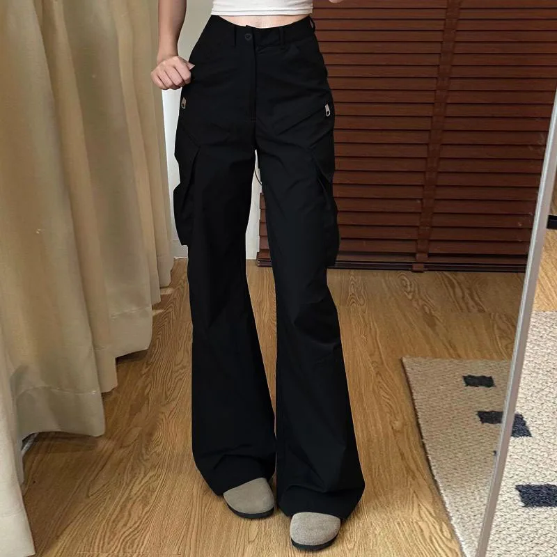 Summer Vintage Big Pocket Cargo Pants Women American Streetwear High Waist Wide Leg Trousers Harajuku Fashion Loose Flare Pants