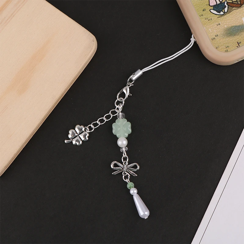 Stylish Keychain Lanyard Handcrafted Beads Phone Pendant Four Leaf Clovers Phone Chain Beads Pendant