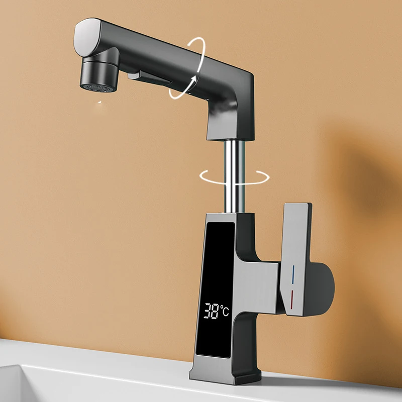 

Digital Display Faucet Lifting Cold and Hot Home Faucet Basin Mixer Water-tap Hotel Bathroom