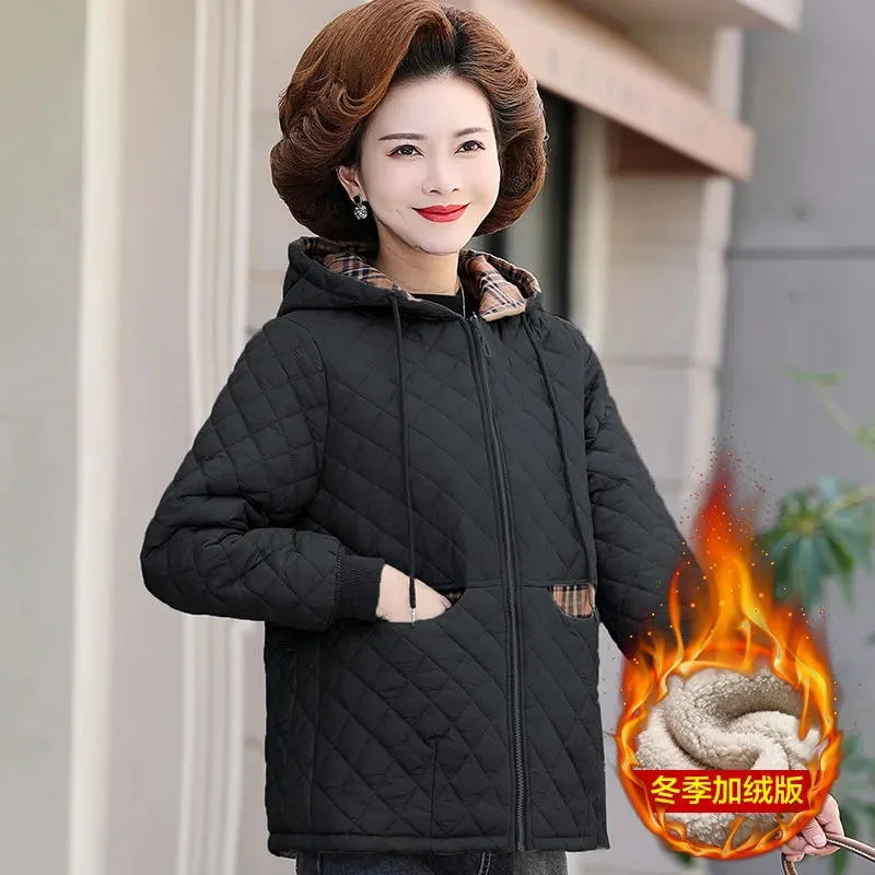 

Mom Winter Velvet Padded Jackets Fashion Keep Warm Down Cotton Jacket Hooded Coats Middle-Aged Women Cotton Coat Loose Overcoat