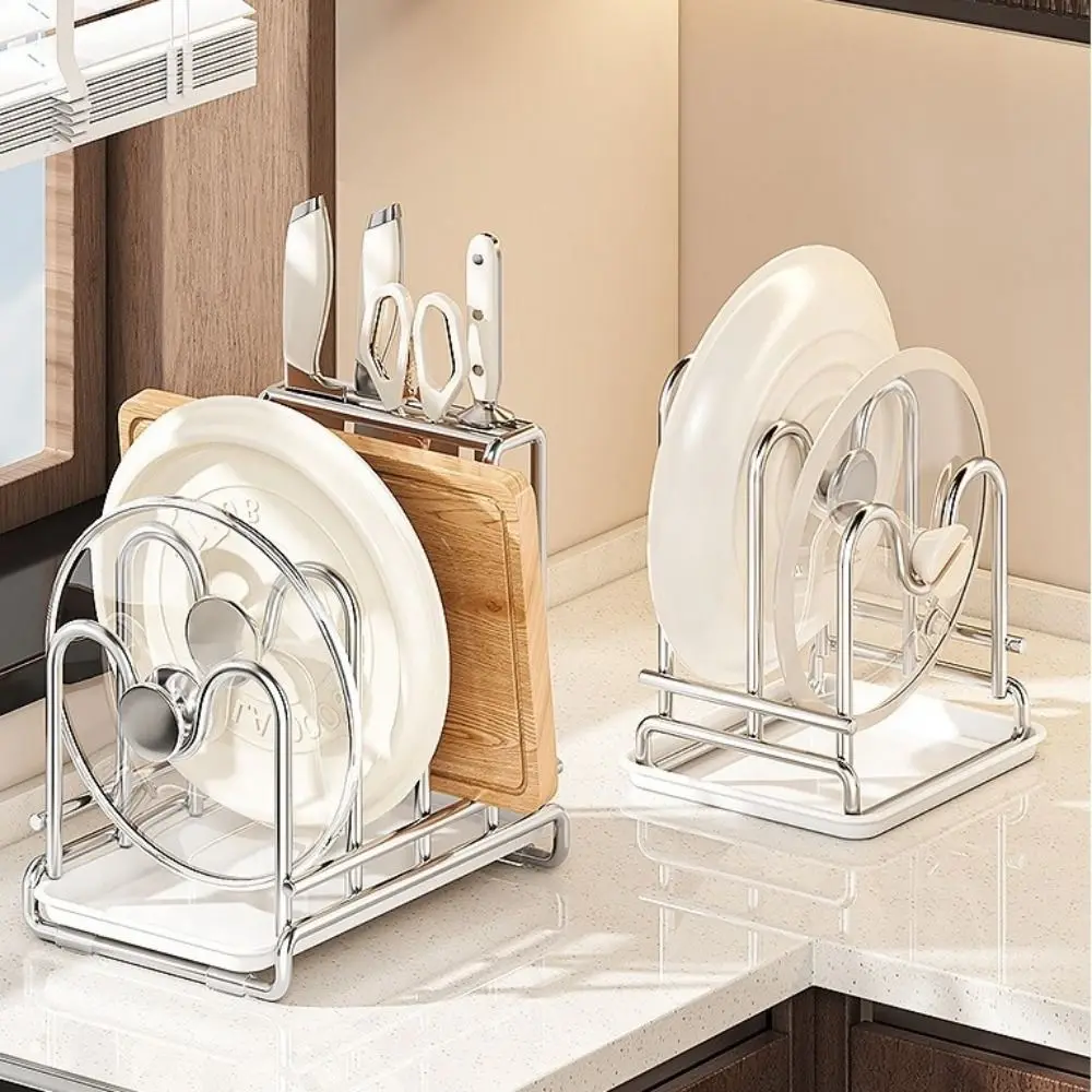 

Многоуровневая подставка для крышек из нержавеющей стали, экономия места, органайзер для разделочных досок, устойчивая, с дренажным поддоном, полка для крышек, кухонная