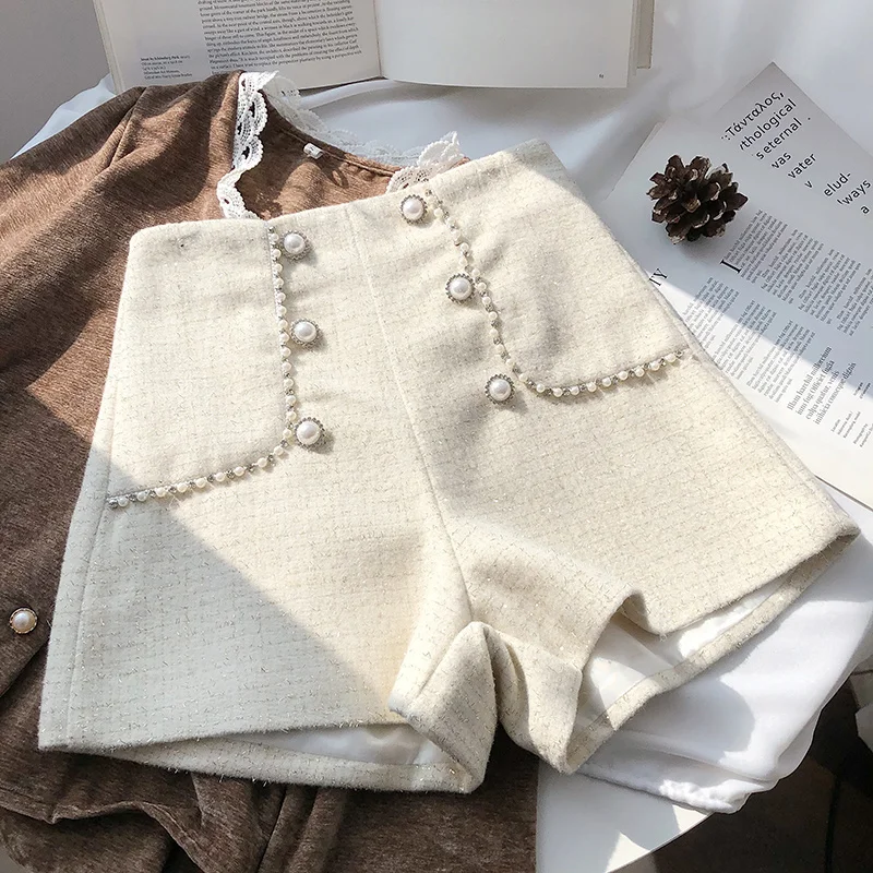 

Fashion Elegant Double-Breasted Beaded High Waist Women Tweed Shorts Autumn Winter Slim Office Woolen Beige Black Shorts Woman