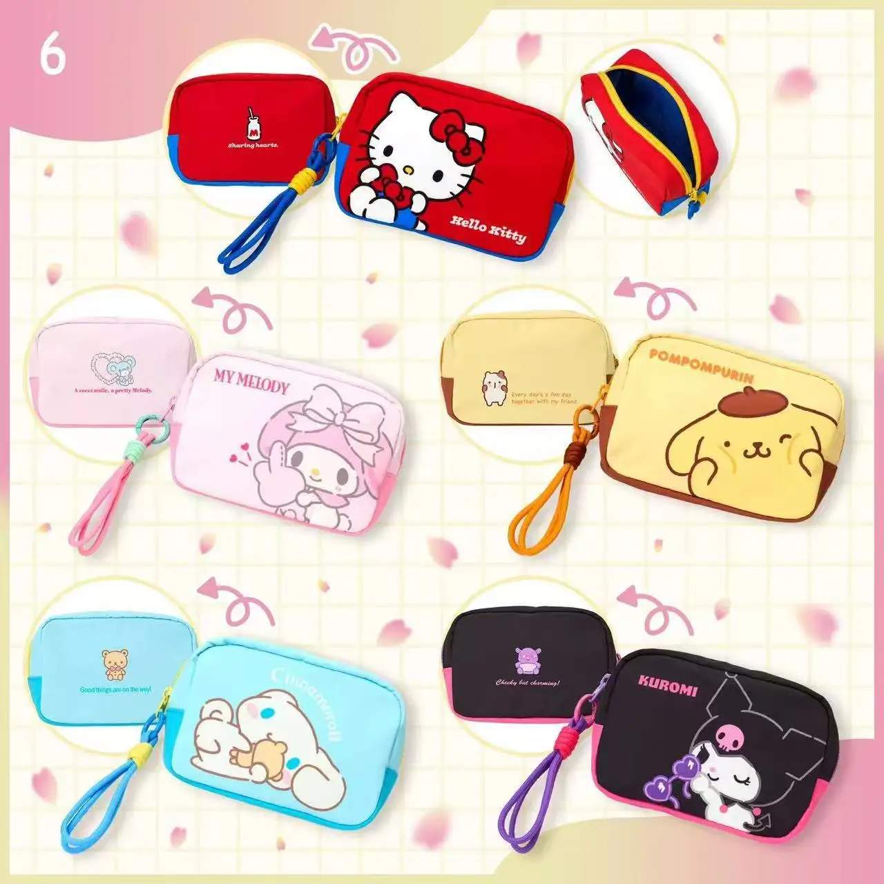 Sac de maquillage portable mignon Sanrio, organiseur de maquillage à accrocher au poignet, support pour téléphone, porte-monnaie, organiseur de voyage compact multifonctionnel.