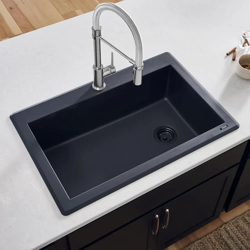 33 x 22 inch Drop-in Topmount Granite Composite Single Bowl Kitchen Sink Slope Bottom - Midnight Black - RVG1033BK