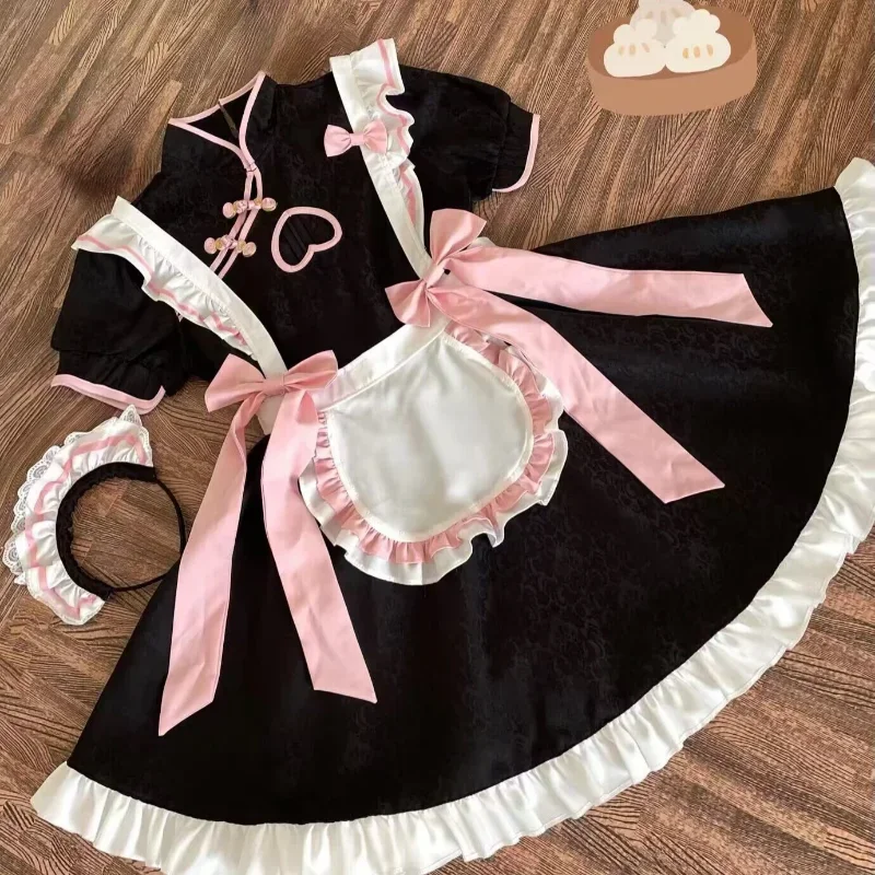 Costumi da cameriera in stile cinese Anime Lolita Dolce abito cheongsam rosa Ragazza della scuola Animazione di Halloween Spettacolo Gioco di ruolo Vestito da cameriera