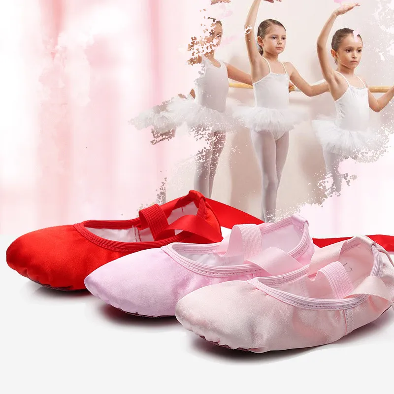 

Slippers Gym Teacher Yoga Dance Shoes for Girls Children Satin Red Pink Flesh Kids Ballet Shoe with Ribbon Ballet Shoes