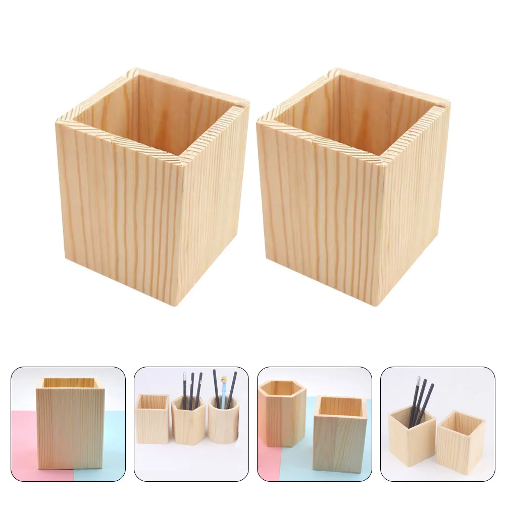 2 Pcs Pine Pen Holder Kitchen Utensil Wood Stationery Container Mini Desktop Brush Makeup Pot Storage Holders Office