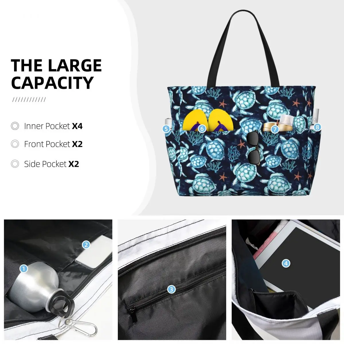 Borsa tote personalizzata grande con tartarughe blu oceano per borsa da viaggio da palestra da spiaggia con spalla per animali marini da donna