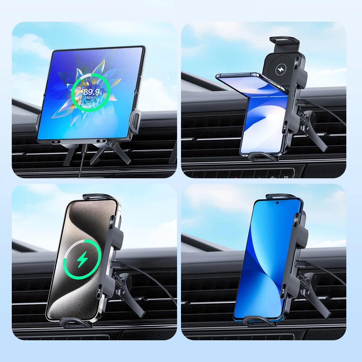 Foldable Phone Wireless Charging Holder Car Air Vent Clip Phone Mount For Galaxy Z Fold 4 5 6 Straight Phone iPhone 15 14 Xiaomi