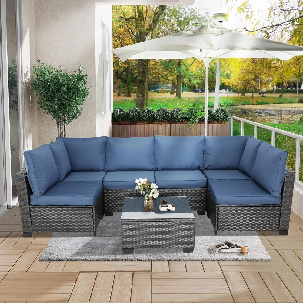

7 Pieces Outdoor Patio Furniture Set - PE Rattan Wicker Sectional Sofa with Cushions - All-Weather, Comfortable & Flexible Modul