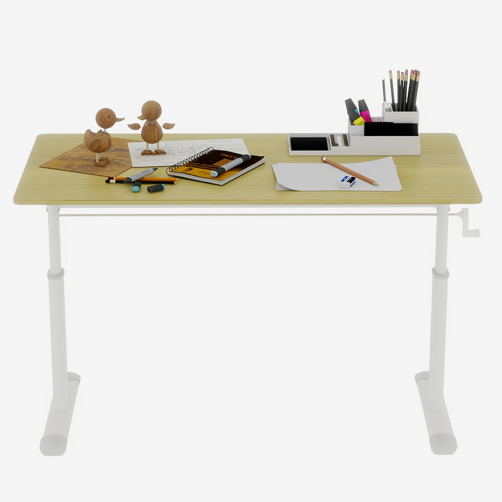 Hand Crank Standing Desk, Adjustable Height Computer Desk, Small Home Office Desk with Stable Double Column, White & Natural Wood