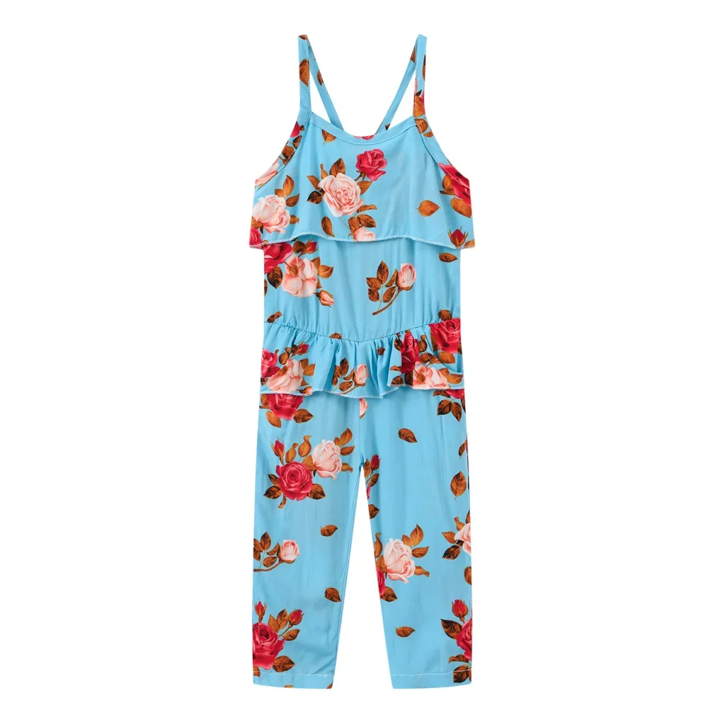 New 2025 Girls Summer Fashion Floral Print Strappy Romper Cute Cartoon Flower Casual Loose Jumpsuit Beach Vacation Rompers