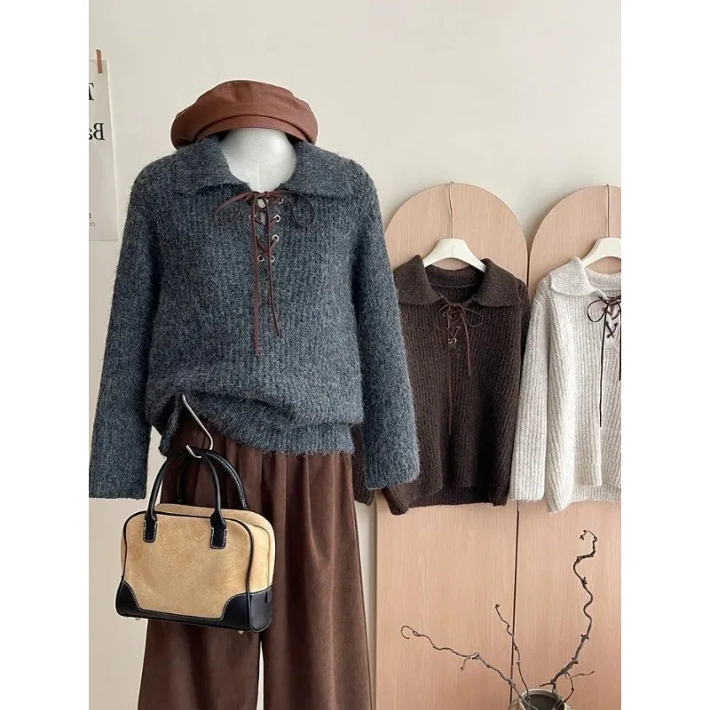 

Осенний вязаный свитер на шнуровке для женщин, осенние свободные толстые теплые повседневные пуловеры, корейские женские топы с длинными рукавами