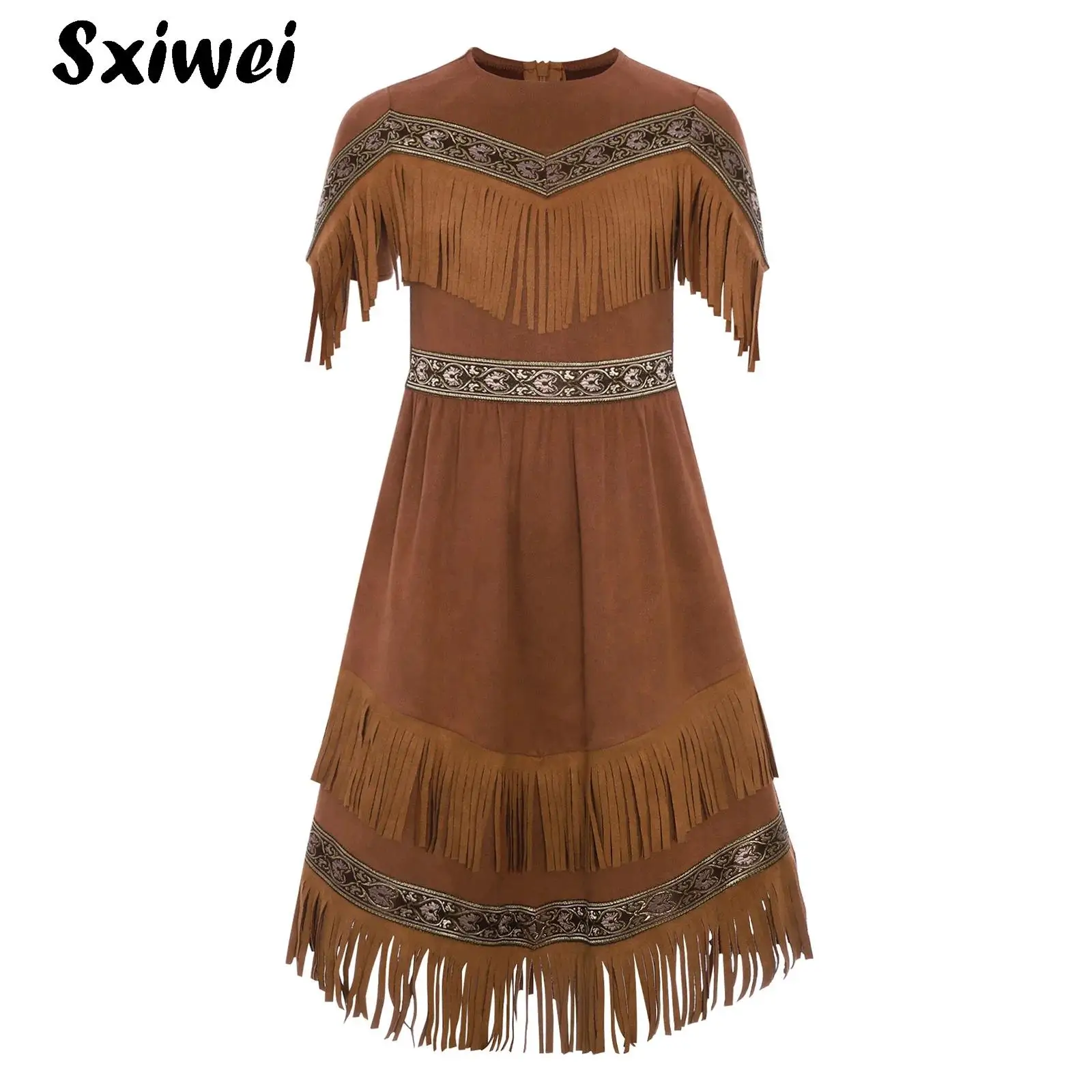 

Indian Indigenous Costumes for Kids Girls Savage Halloween Cosplay Aboriginal Outfit Hunter Short Sleeve Front Fringes Dress