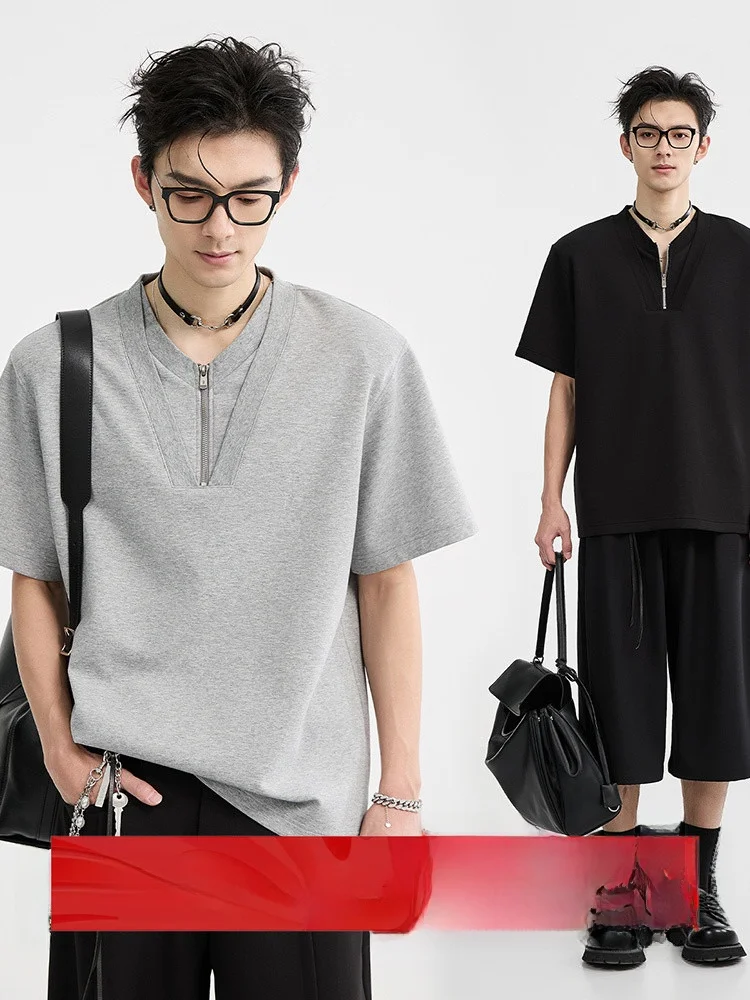 

Мужская летняя футболка свободного кроя с круглым вырезом и коротким рукавом, модный дизайн с эффектом двухслойности, из смесового хлопка и полиэстера