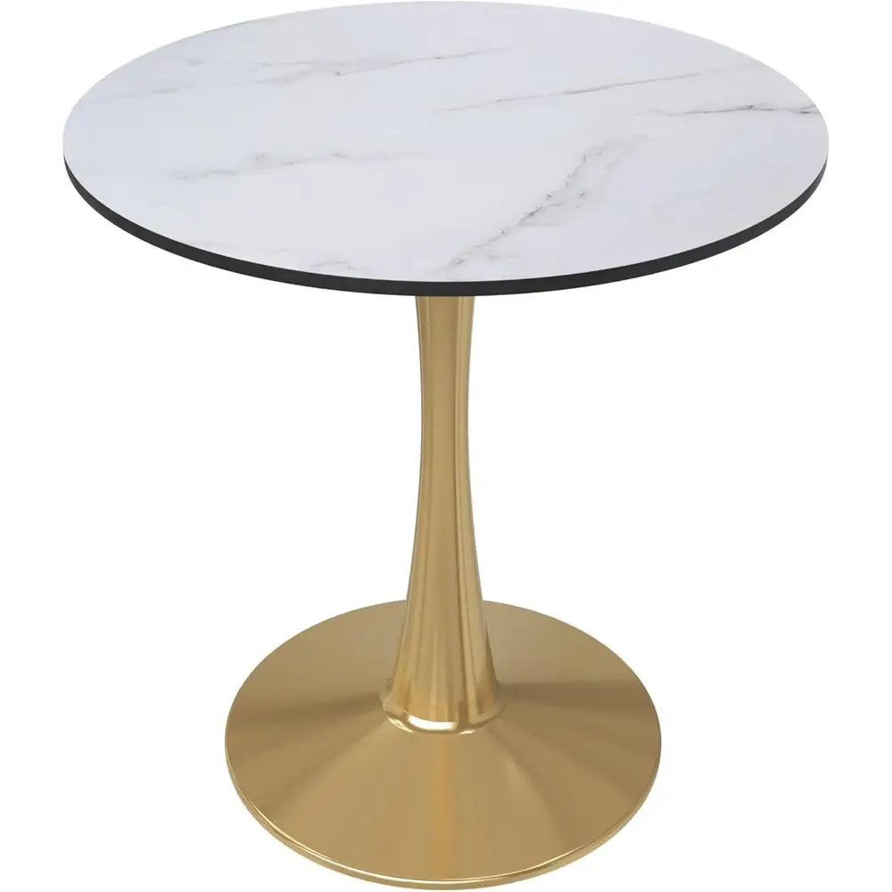 

24 Round Dining Table in Marbled White MDF Wood Tabletop with Gold Pedestal Base, Century Accent Table or Kitchen, Café & Dining