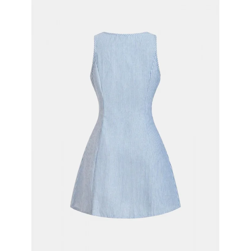 Mulheres verão novo elegante comute sem mangas vestido listrado emagrecimento lapela pescoço estilo europeu e americano mini vestido para mulher