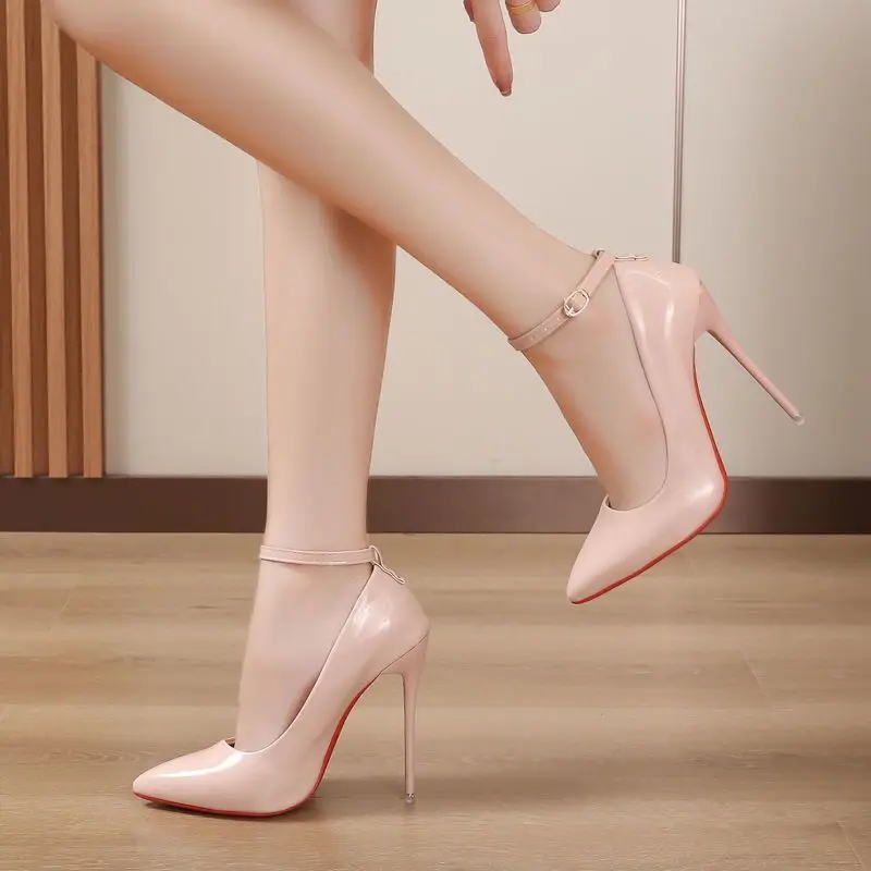 Sexy One Word Buckle High Heels 2023 Summer Fashion 12cm Super Heel Lady Party Pumps Large Pointed Toe Stiletto Women\'s Shoes 45