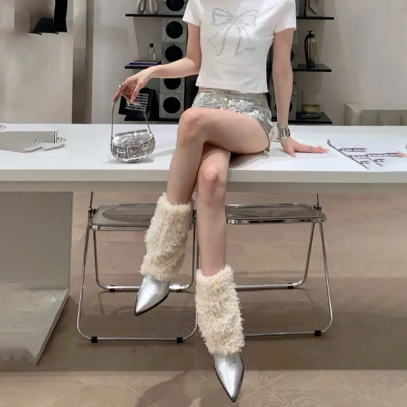 

Retro Brand Designer Artificial Short Plush Mid-calf Boots Women's 2026new One-step Snow Boots Fluffy Fur Sexy Female High Heels