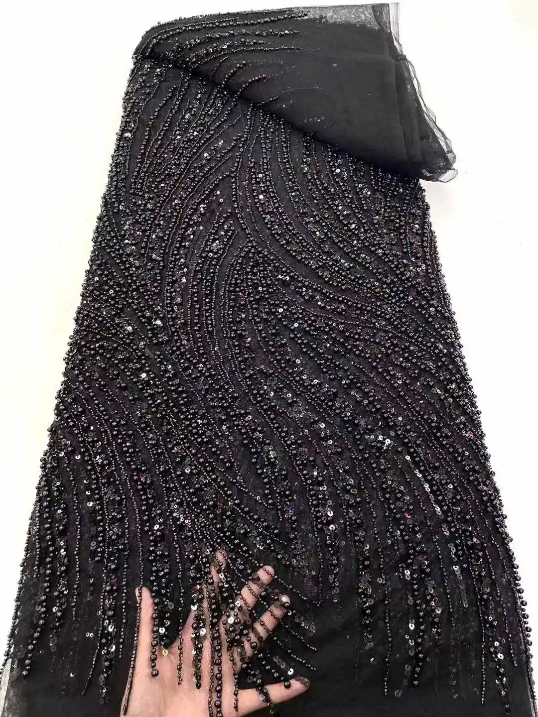 Black African 2025 High Quality Mesh Sequins Embroidery Beaded Tulle Nigerian Lace Fabrics For Bridal Material Wedding sewing