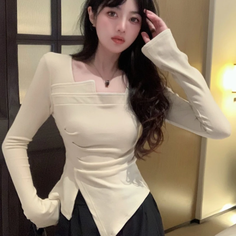 Irregular T-shirts Women Square Collar Long Sleeve Side Slit Short Tops Spring Autumn Pleated Flattering Waist Hotsweet Stylish