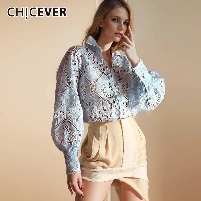 CHICEVER Hollow Out Solid Shirts For Women Lapel Lantern Sleeve Single Breasted Loose Embroidery Elegant Spring Blouse Female