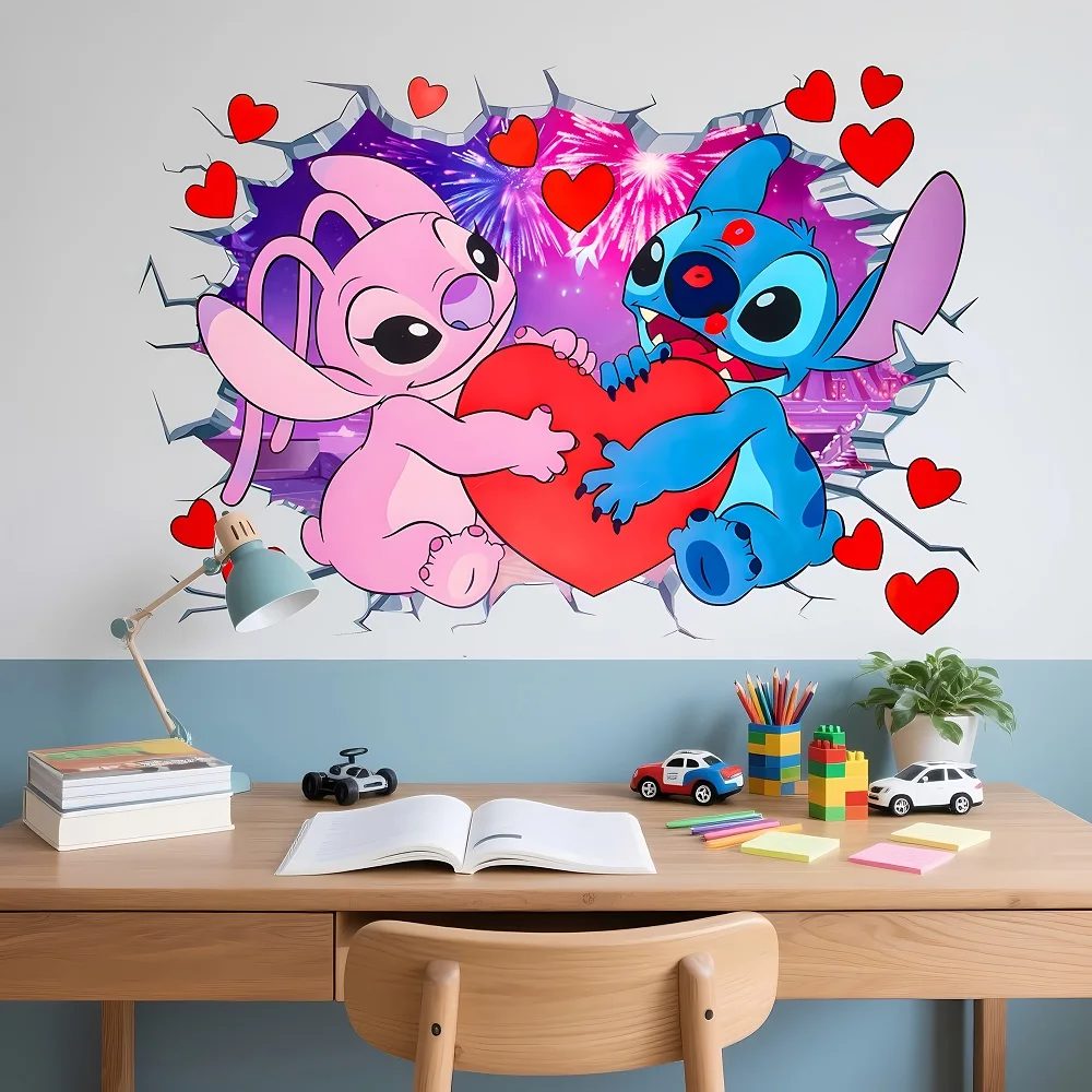 1 ملصق حائط/ملصق حائط لعيد الميلاد بطابع ديزني يتميز بالغرز والملاك كزوجين، مع قلوب حمراء نابضة بالحياة وتصميم الألعاب النارية الملونة، مناسب لتزيين الأماكن الداخلية والنافذة والشرفة والمرآة