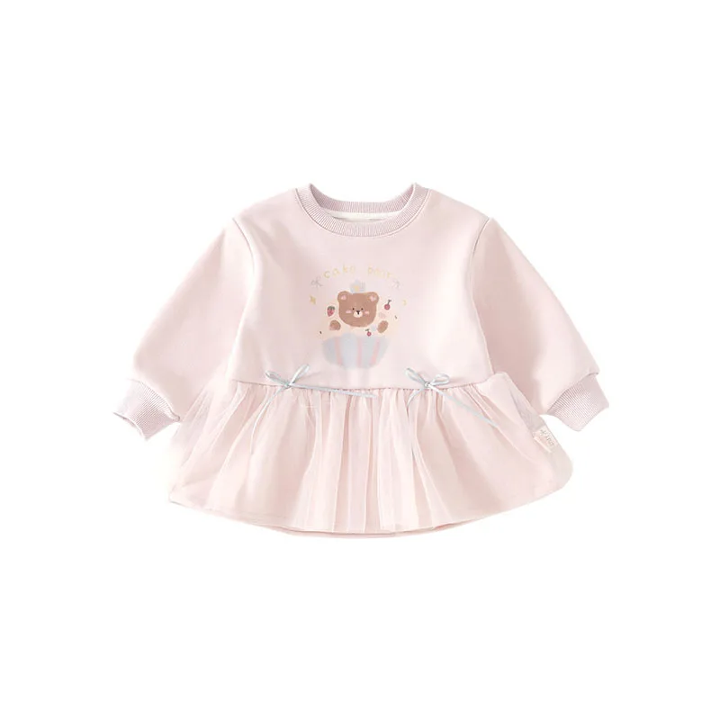 Spot GoodsQY259740Girls' Sweater2025خريف جديد رقبة مستديرة كارتونية شبكية مرقعة مبطنة بالصوف