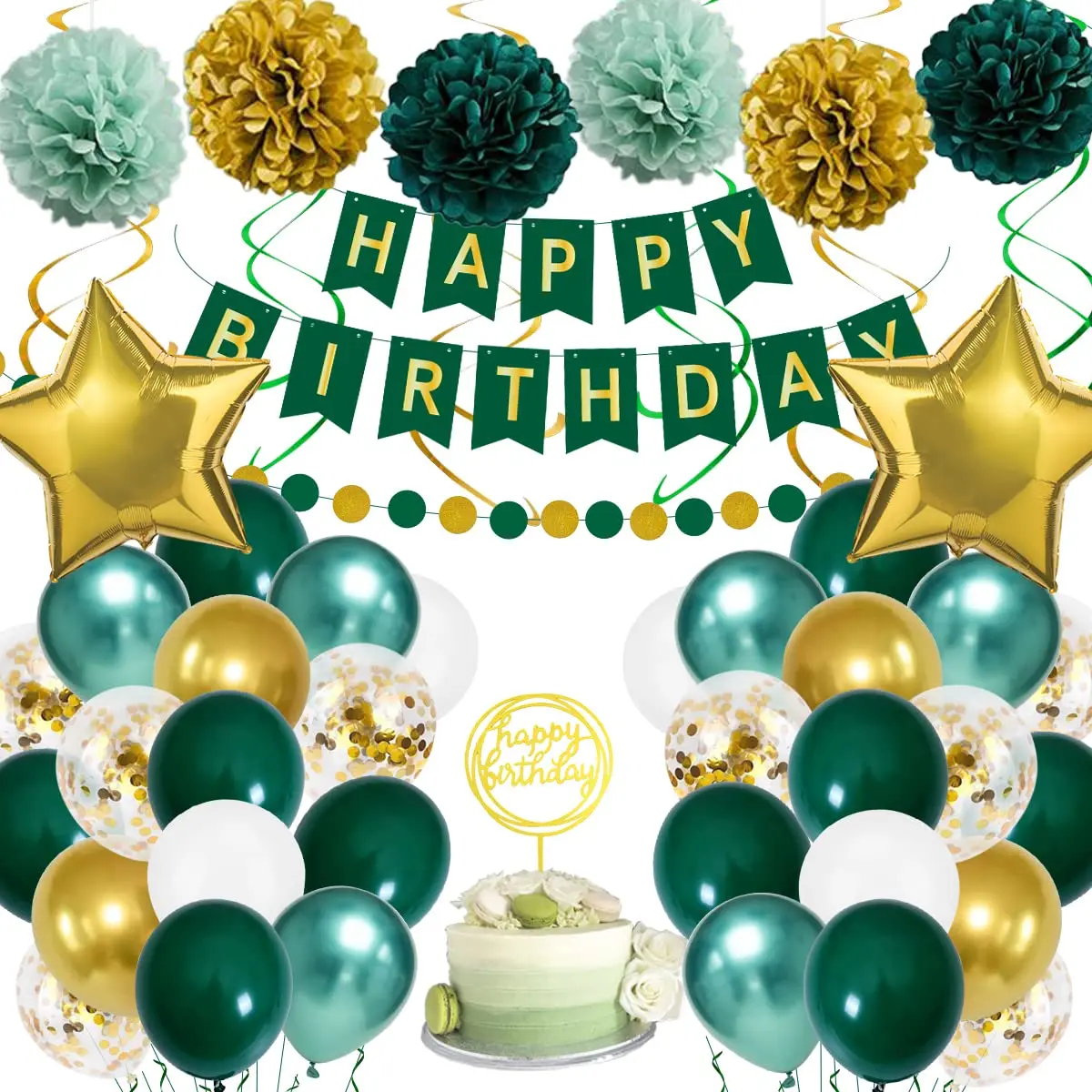 

Green Gold Birthday Party Decorations for Boy Girls Men Women Paper Pompoms Confetti Balloons Baby Shower Party Supplies