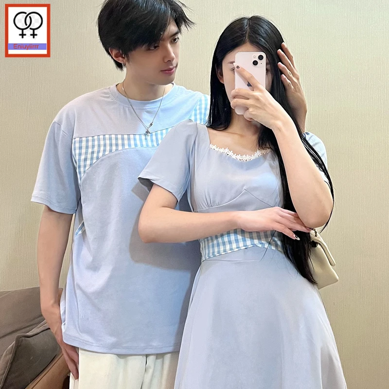 Matching Couple Clothes Outfits Male Female Lovers Holiday Valentine's Date Honeymoon Retro Vintage Cotton Plaid T-Shirt Dress