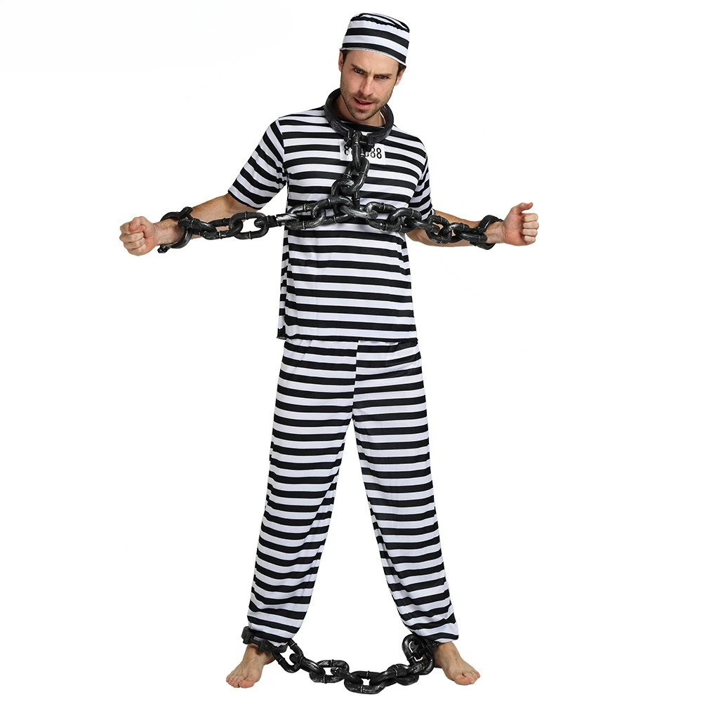 Couple Jail Inmate Prisoner Fancy Dress Halloween Cosplay Costume for Adult Carnival Role Play Historical Reenactment Party