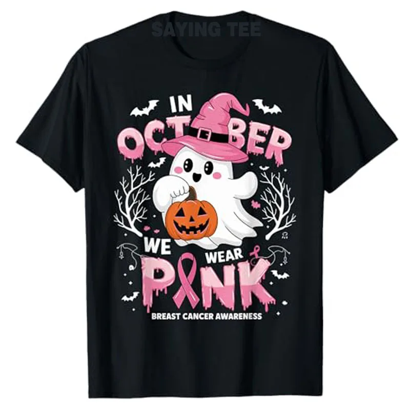 

In October We Wear Pink Shirt Ghost Breast Cancer Awareness T-Shirt Halloween Costume Gift Spooky Season Pumpkin Fall Tee Tops