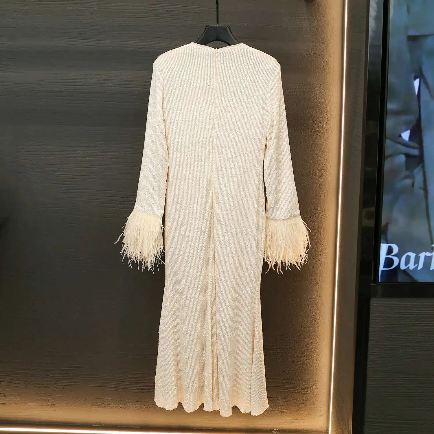 Luxury Women's Sequins Long Dresses Fur Full Sleeve Elegant Prom Evening Party Dresses White Fashion 2025 Spring Autumn Vestidos