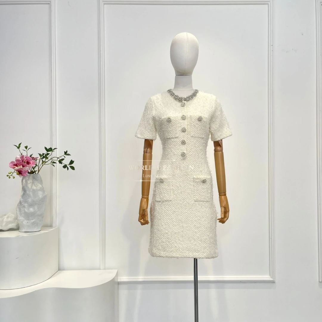 

White Short Sleeve Diamonds Mini Dress