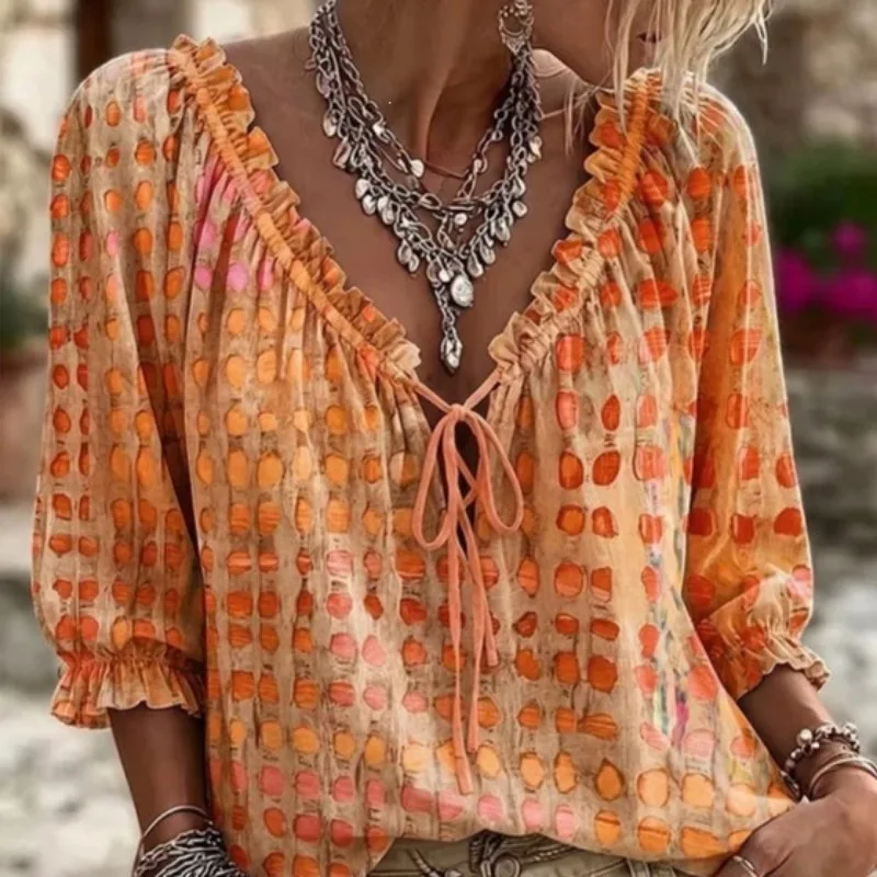 Abstract Geometric Polka Dot Print Drawstring Ruffled V-Neck Blouse Women Casual EU US Style