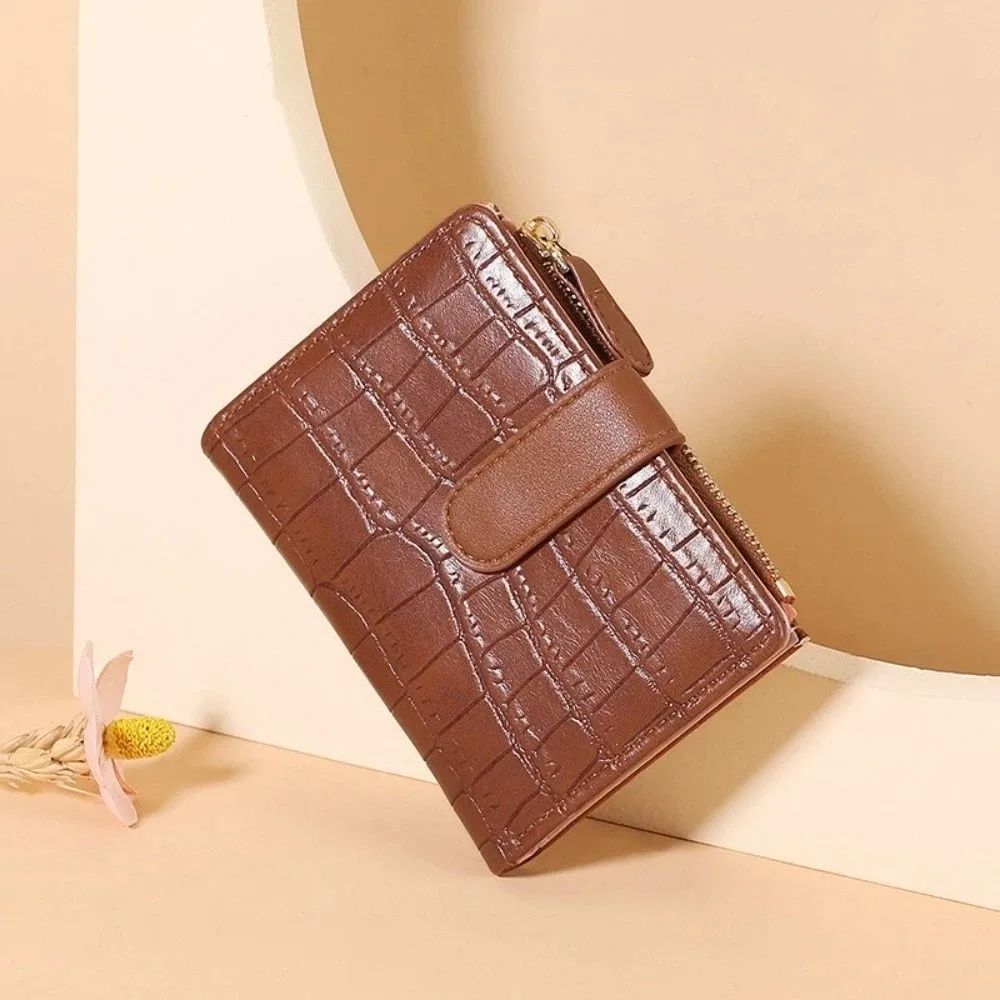 Minimalist Crocodile Embossed Short Wallet Snap-Fastener With ID Window Bifold Wallet Ultra-Thin Solid Color Card Holder Student