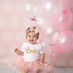 ONE/TWO Print Infant Girls Tutu Dress Baby Girl Short Sleeve Cake Skirts Infant Romper+tutu Skirt Birthday Party Newborn Clothes