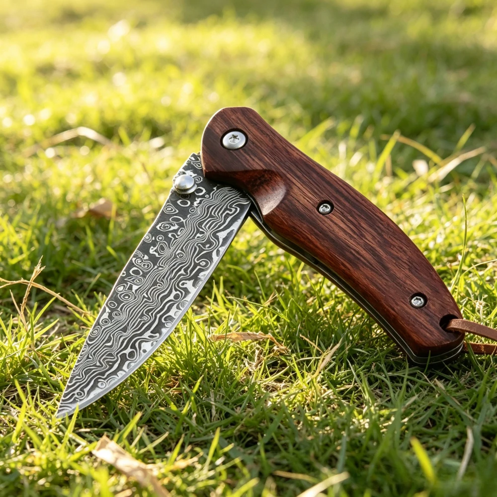 Damascus Pattern Folding Knife Solid Wood Handle Lightweight EDC Pocket Knife Outdoor Camping Hunting Tool