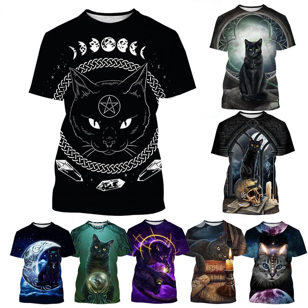 Summer Fashion Trend 3D Printing Moon Phase Star Pattern Cat Harajuku T-Shirt Comfortable Short Sleeved Top