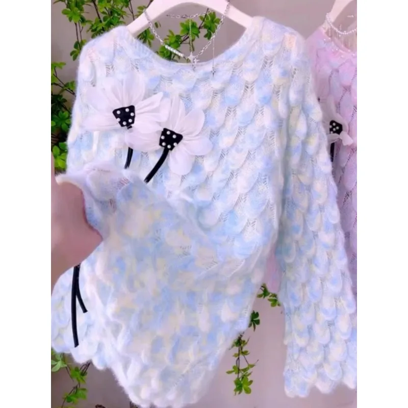 Lazy Gradient Knitwear Women Autumn Spring New Loose Trend 3D Floral O-Neck Pullover Sweater As Outerwear Y2k Clothes Sweaters