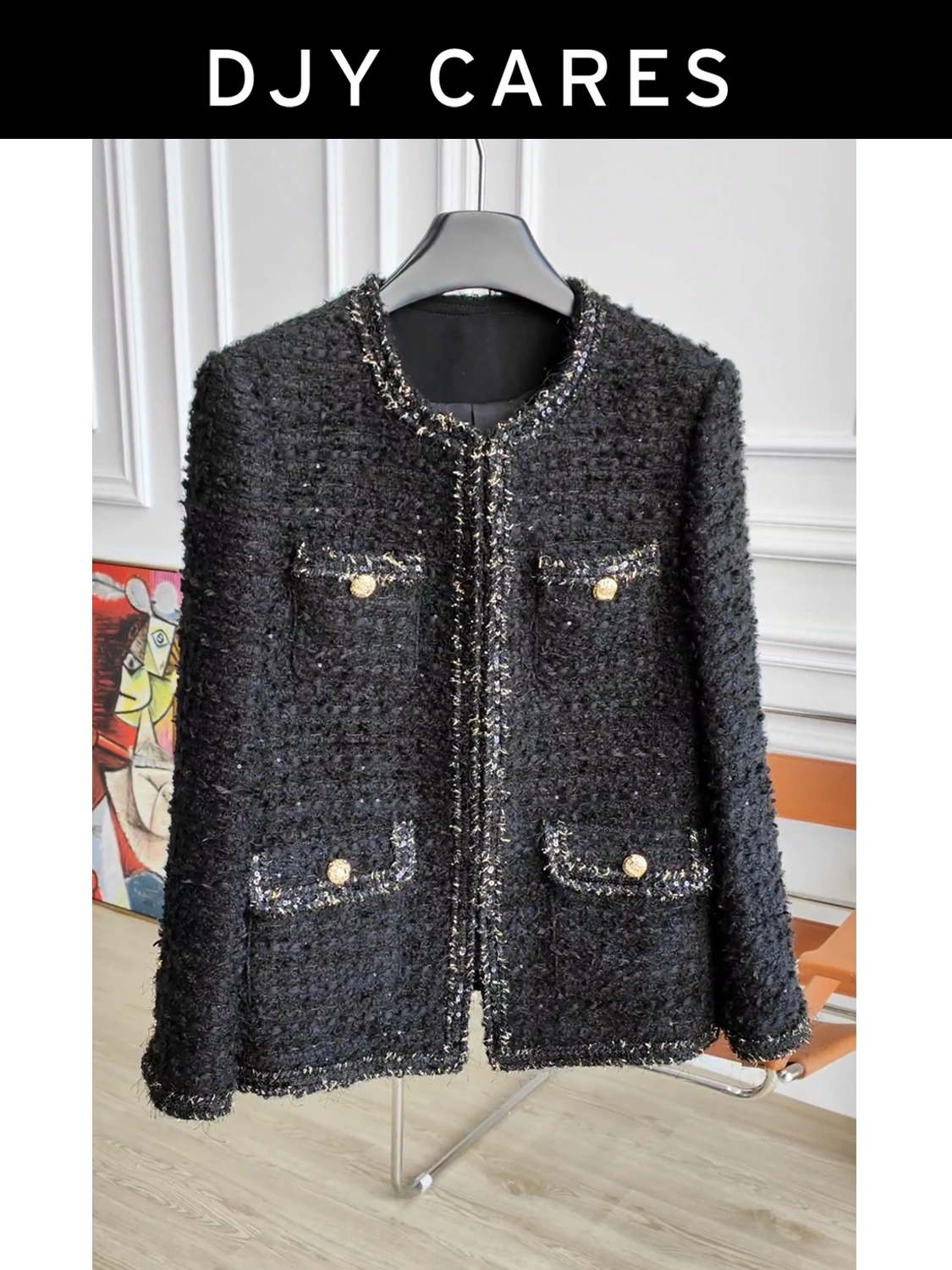 

Новая грубая шерстяная черная куртка с пайетками ручной работы