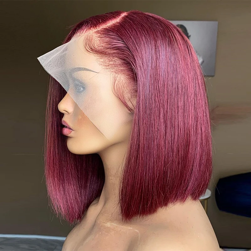 99J Short Bob Wig Side Part Lace Wig Human Hair Burgundy Colored Human Hair Wig Pre Plucked Hairline Wig For Women 180% Density