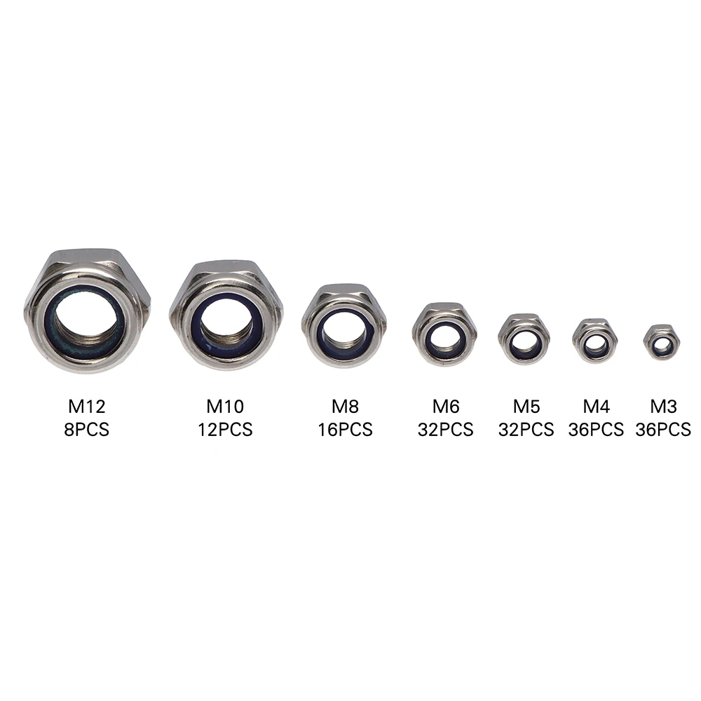 150/182Pcs M3 M4 M5 M6 M8 M10 M12 Nylon Self-Locking Nuts 304สแตนเลสสตีล Hex หกเหลี่ยม Self Locking Nut Assortment Kit