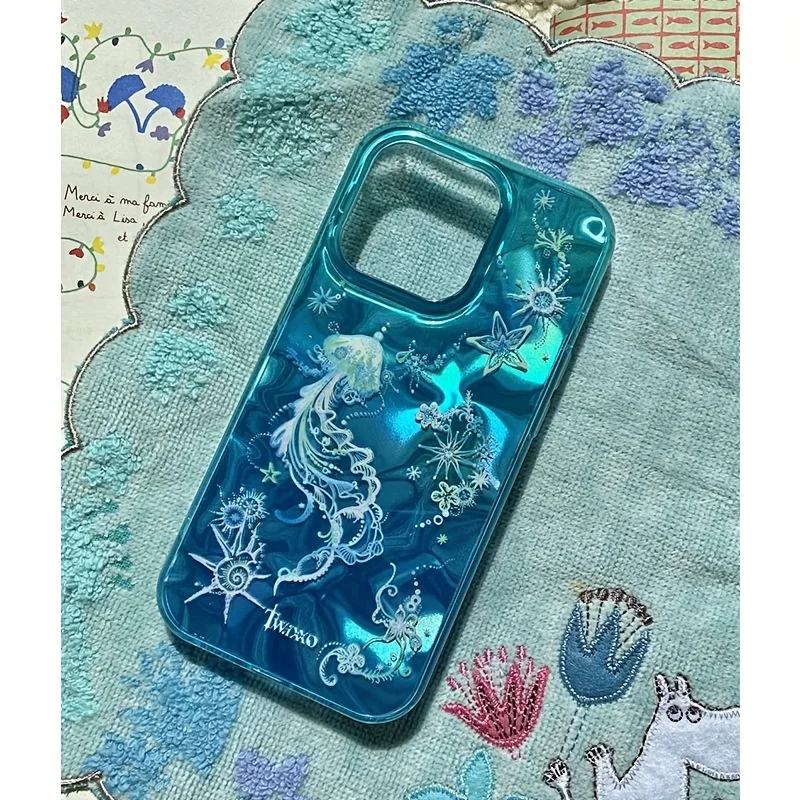 Coque de téléphone de luxe en silicone TPU INS motif méduse bleue et étoile de mer pour iPhone 17 16 15 14 13 12 11 Pro Max 7 8 Plus XR XS