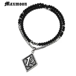 Maxmoon Silver Color 316L Stainless Steel Outlaw One Percent 1% ER Necklace With Beads Chain Motorcycle Biker Men's  Necklace