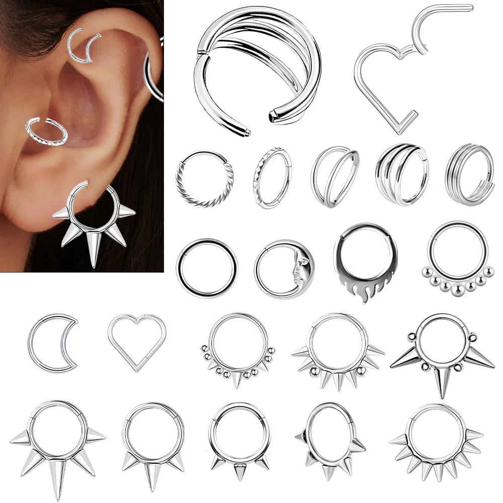 1PC Stainless Steel Heart Shape Moon Fire Septum Clicker Ear Cartilage Cuff Helix Daith Rook Lobe Body Piercing Jewelry 16G