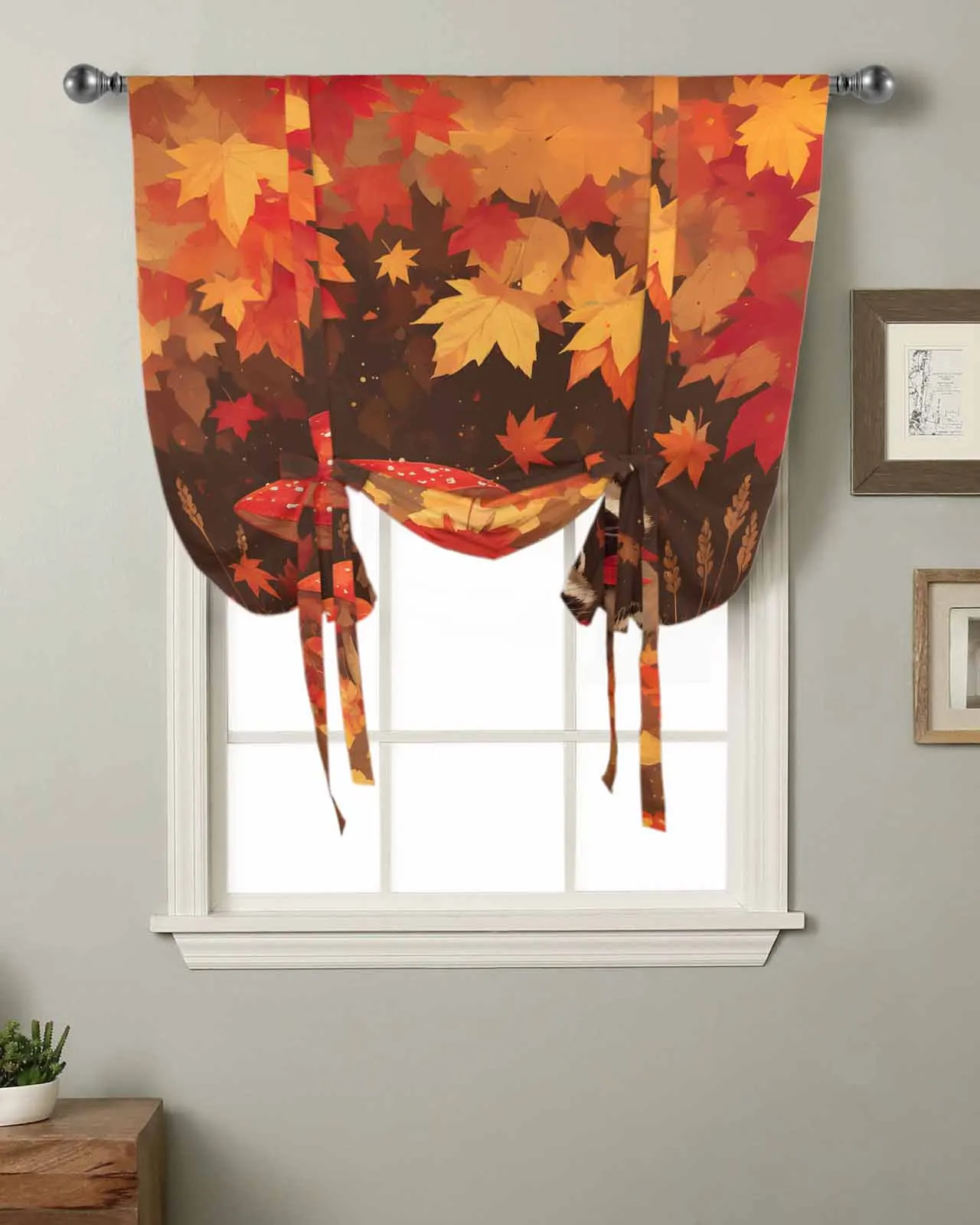 Autumn Maple Leaf Mushroom Raccoon Window Curtain for Living Room Home Decor Blinds Drapes Kitchen Tie-up Short Curtains