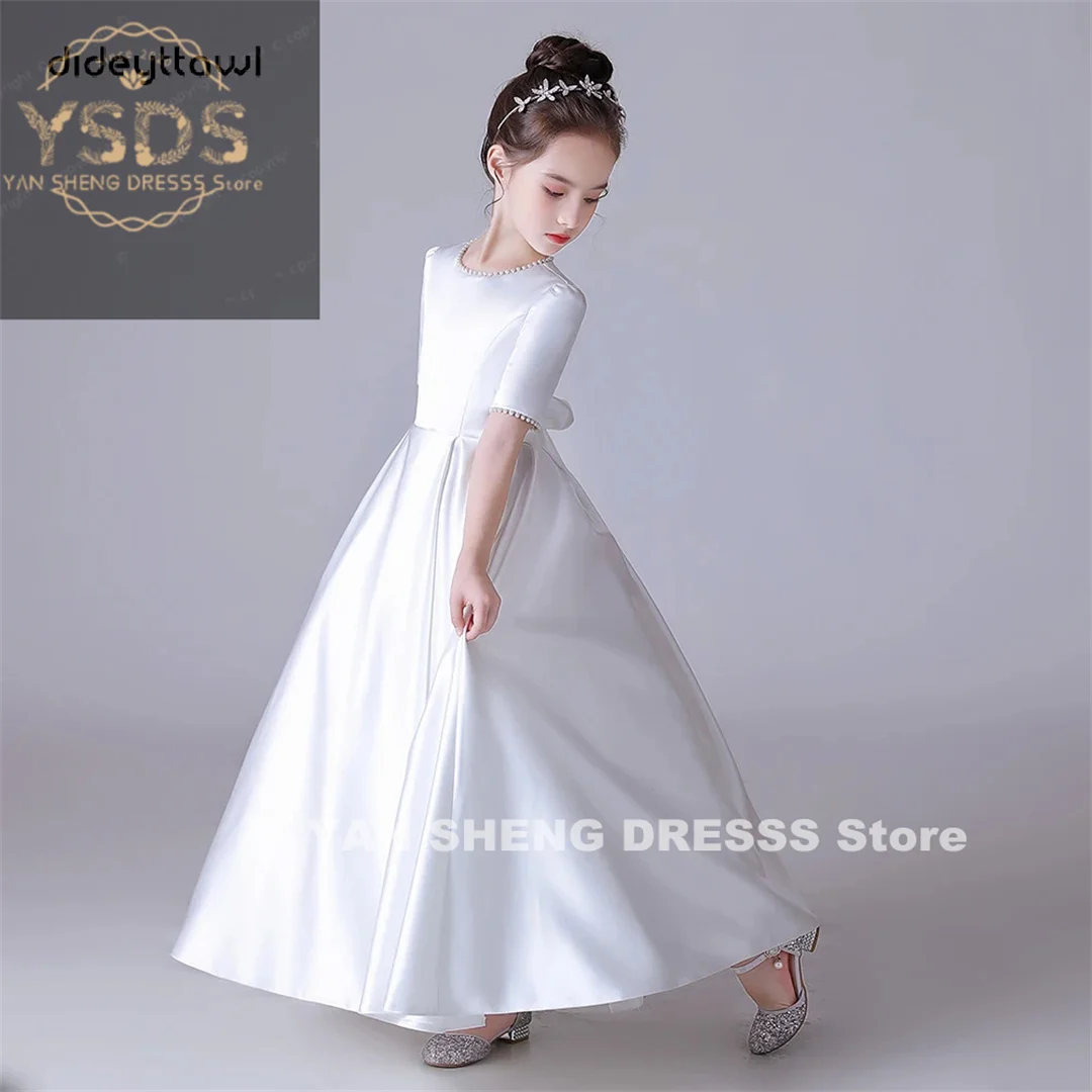 White Soft Satin Pearls Elegant Girl First Communion Dress Concert Wedding Party Short Sleeves Junior Bridesmaid Gown