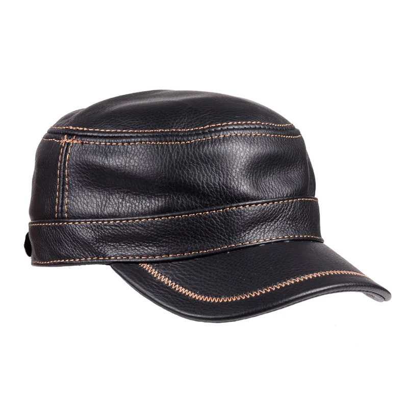 Hat Men Winter Male Genuine Leather Quality Cowhide Casual Thin Flat Top Cap Hombre Black Brown Solid Color Trucker Casquette