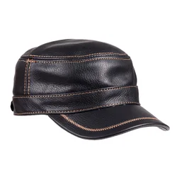 Hat Men Winter Male Genuine Leather Quality Cowhide Casual Thin Flat Top Cap Hombre Black Brown Solid Color Trucker Casquette